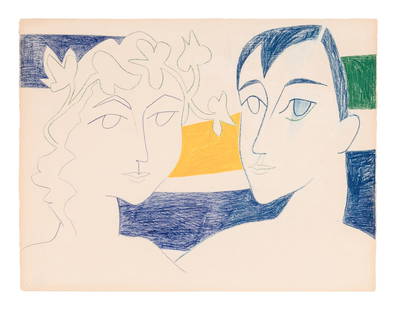 Françoise Gilot (French, 1921-2023) Les Adolescents, 1954: Françoise Gilot (French, 1921-2023) Les Adolescents, 1954 colored wax crayon on Arches paper signed F. Gilot (lower left); dated Mars 54 (verso) 19 3/4 x 25 3/4 inches. This lot is located in Phi