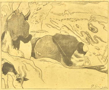 Paul Gauguin (French, 1848-1903) Les Laveuses from La Suite Volpini, 1889: Paul Gauguin (French, 1848-1903) Les Laveuses from La Suite Volpini, 1889 zincograph on yellow paper signed P. Gauguin in plate Image: 8 1/4 x 10 1/4 inches. This lot is located in Philadelphia. Publi