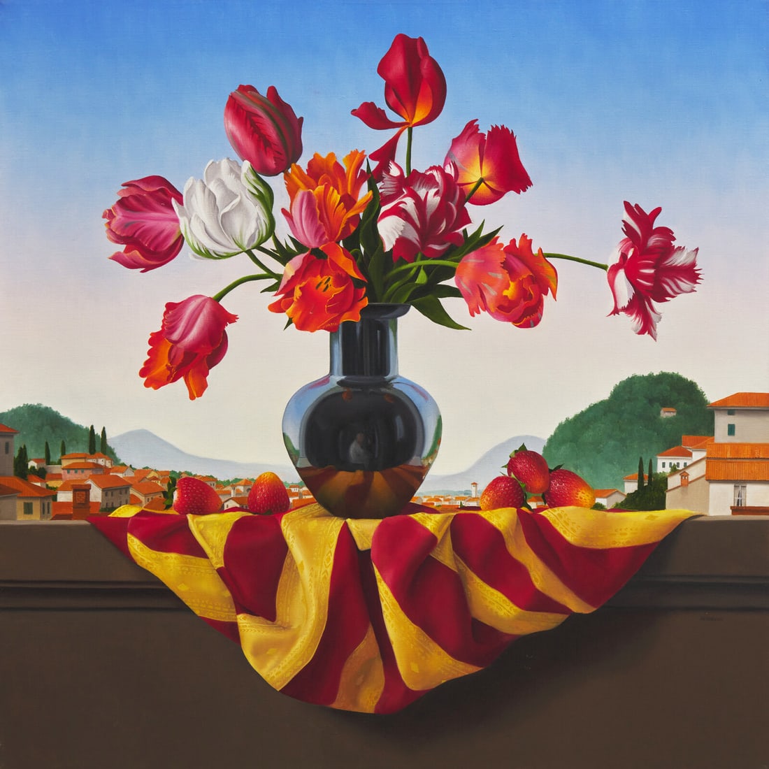 James Aponovich (American, b. 1945) Still Life with Tulips, 2001: James Aponovich (American, b. 1945) Still Life with Tulips, 2001 oil on canvas signed Aponovich (lower right); signed and dated (verso) 30 x 30 inches. This lot is located in Philadelphia. Provenance: