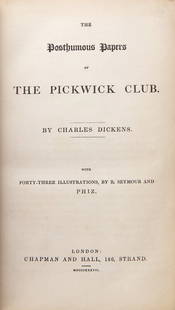 DICKENS, Charles (1812-1870). The Posthumous Papers of the Pickwick Club. London: Chapman and Hall, : DICKENS, Charles (1812-1870). The Posthumous Papers of the Pickwick Club. London: Chapman and Hall, 1837. 8vo. Engraved frontispiece, engraved vignette title-page, and 41 engraved plates by Robert Sey