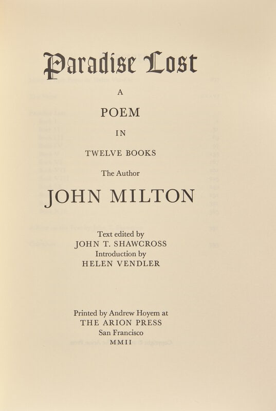 [FINE PRESS - ARION PRESS]. MILTON, John (1608-1674). Paradise Lost A Poem in Twelve Books. Edited b (1 of 2)