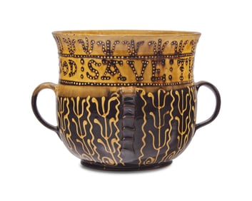Michelle Erickson (B. 1960), A Lead Glazed Redware "God Save the Queen" Slip-Decorated Posset Pot