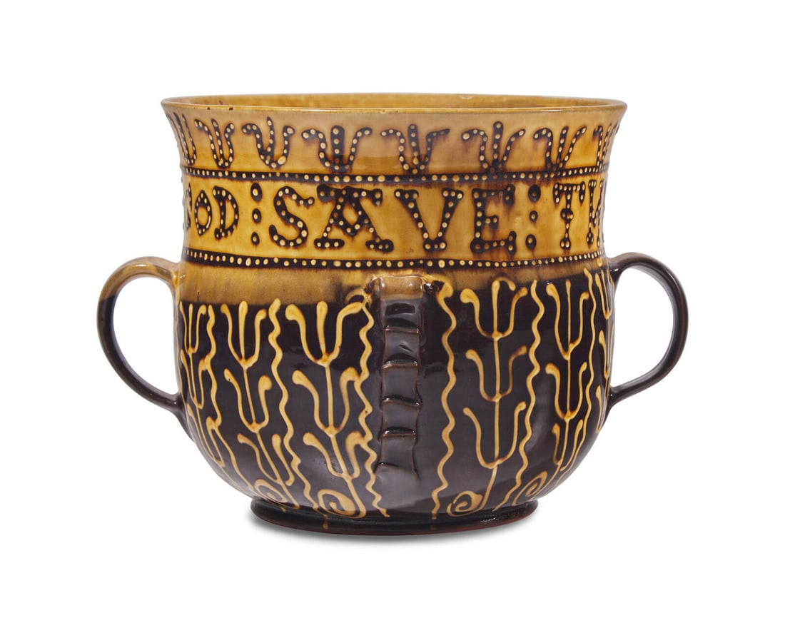 Michelle Erickson (B. 1960), A Lead Glazed Redware "God Save the Queen" Slip-Decorated Posset Pot