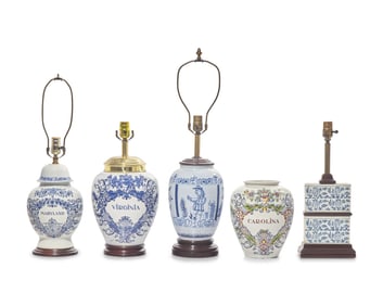 A Group of Five Delft Style Williamsburg Porcelain Tobacco Jars and Flower Bricks