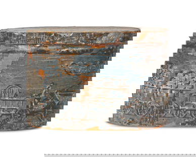 A Wallpaper Covered Bandbox: A Wallpaper Covered Bandbox Pennsylvania, 19th Century the wallpaper patterned with vehicles of American industry, including steamships and railcars transporting coal. Height 11 x width 16 1/2 x depth