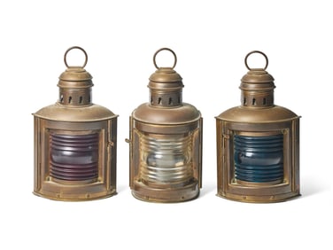 Three Brass and Ribbed Glass Ship Lanterns
