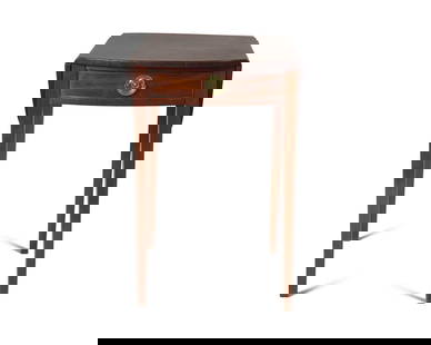 A Federal Mahogany Pembroke Table: A Federal Mahogany Pembroke Table Probably New York, 1800 the rectangular top with bowed-ends and flanked demilune drop leaves, above a single drawer, raised on square tapering legs. Height 28 1/2 x w