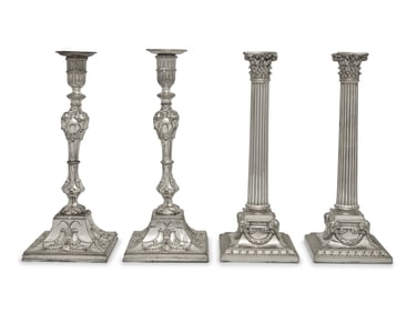 A Pair of George III Neoclassical Weighted Sheffield-Plate Candlesticks