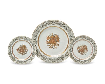 A Group of Three Chinese Export Porcelain Grisaille Palette Dishes