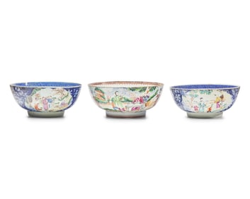 Three Chinese Export Porcelain Famille Rose Punch Bowls
