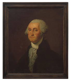 American School 19th Century, After Gilbert Stuart (1755-1828), A Portrait of George Washington: American School 19th Century, After Gilbert Stuart (1755-1828), A Portrait of George Washington (1732-1799) oil on canvas, framed. 29 1/4 x 24 1/4 inches (sight), 34 x 29 inches (frame). This lot is l