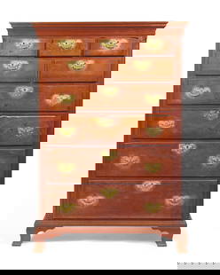 A Chippendale Walnut Tall Chest of Drawers: A Chippendale Walnut Tall Chest of Drawers Philadelphia, Pennsylvania, Circa 1760-1780 with flat molded cornice, quarter columns, with a series of three short drawers, above two short drawers, over fo