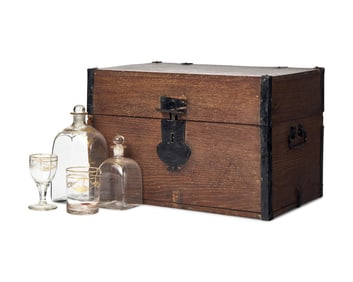 A Federal Oak Liquor Case Fitted with Gilt-Decorated Glass Bottles and Glasses