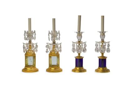 Two Pairs of George III Gilt Bronze and Cut-Glass Candlesticks