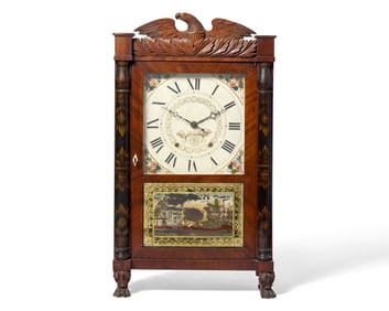 A Classical Carved Mahogany, Stencil-Decorated and Églomisé Shelf Clock