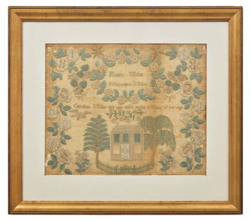 A Needlework Sampler: A Needlework Sampler Worked by Caroline Miller, Early 19th Century worked with silk threads on a linen ground, depicting a house flanked by trees with eagle above, all surrounded by roses, inscribed,