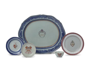 A Group of Five Chinese Export Porcelain Armorial Tablewares