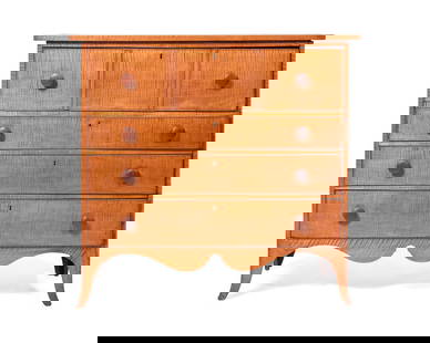 A Federal Tiger Maple Chest Of Drawers: A Federal Tiger Maple Chest Of Drawers Circa 1800 with deep drawer over three graduated long drawers, on shaped apron with French feet. Height 41 x width 41 1/4 x depth 19 1/2 inches. This lot is loca