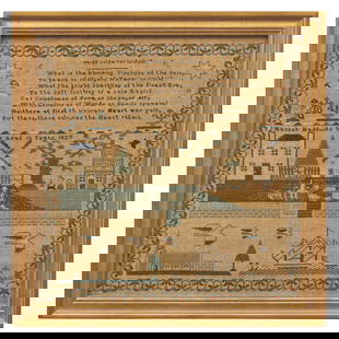 A Needlework Sampler: A Needlework Sampler New York, Dated, "1827" inscribed, "Hannah Maddocks Work Aged 10 Years 1827," worked with polychrome silk threads on a linen ground, framed. 17 x 16 3/4 inches (sight), 20 x 19 7/