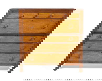 A Late Federal or Classical Cherry and Figured Maple Chest of Drawers: A Late Federal or Classical Cherry and Figured Maple Chest of Drawers Kentucky, Circa 1830 with six drawers, turned columnettes, on bun feet. Height 46 1/2 x width 46 3/4 x depth 21 1/4 inches. Proven