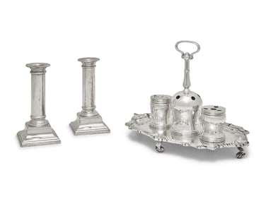 A Reproduction Silver-Plated Inkstand and a Pair of  Reproduction Sterling Silver Candlesticks