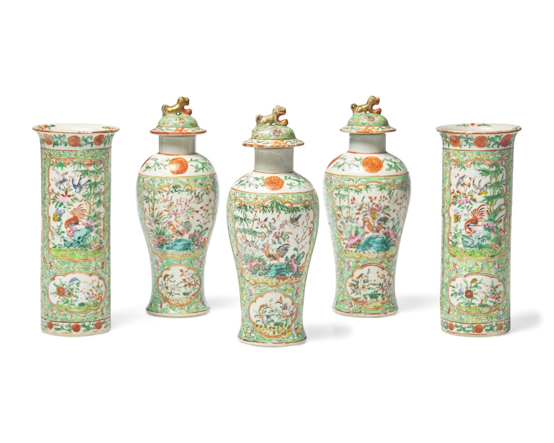 A Chinese Export Porcelain Famille Verte Five-Piece Garniture (1 of 3)