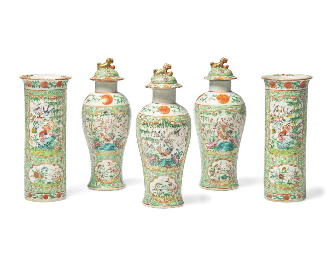 A Chinese Export Porcelain Famille Verte Five-Piece Garniture