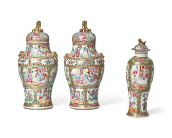 Three Chinese Export Porcelain Rose Medallion Covered Vases