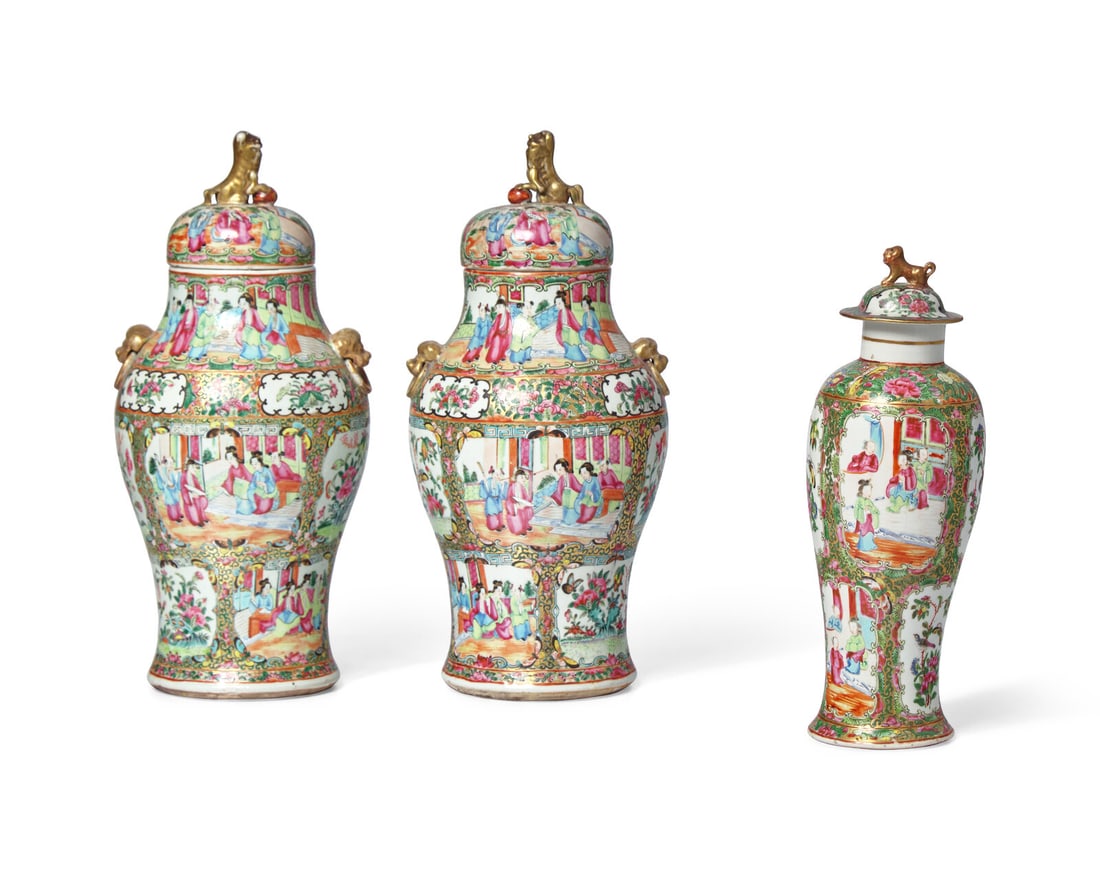 Three Chinese Export Porcelain Rose Medallion Covered Vases (1 of 6)