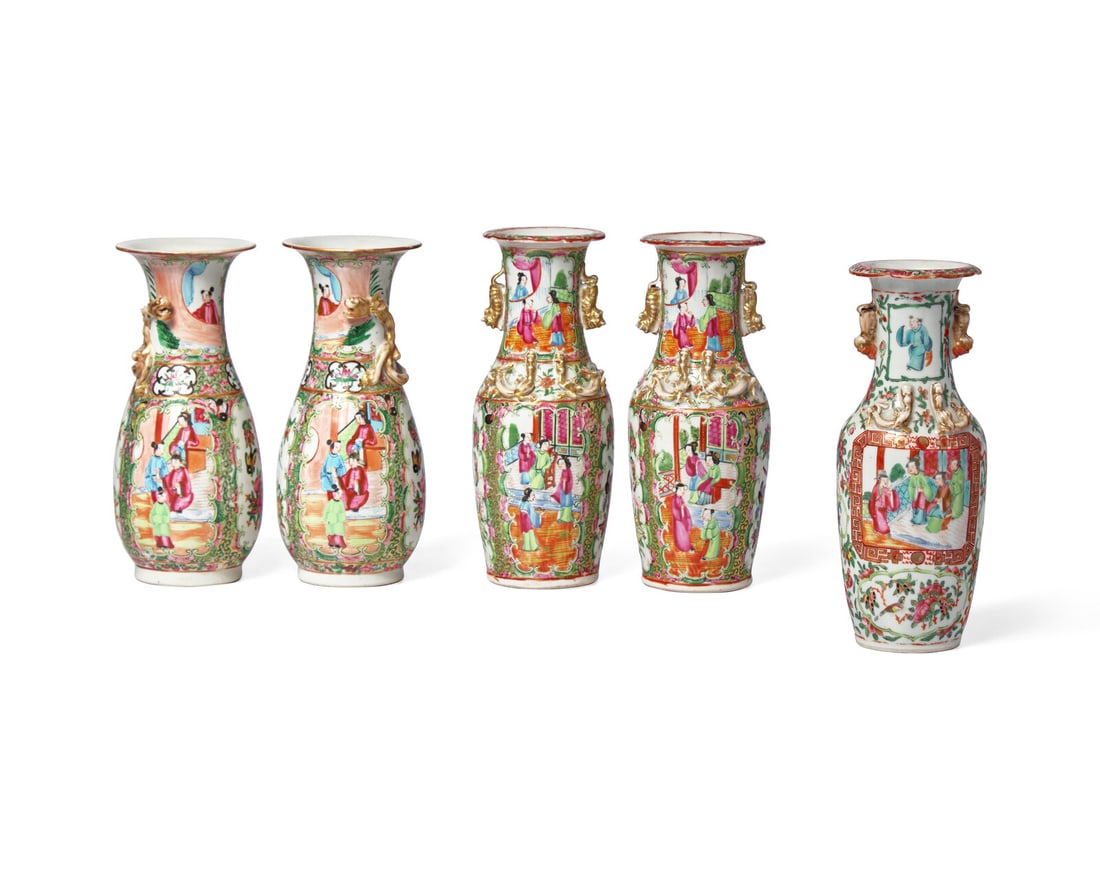 Five Chinese Export Porcelain Rose Medallion Vases (1 of 6)
