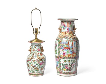A Large Chinese Export Porcelain Rose Medallion Vase and a Vase Mounted as a Lamp