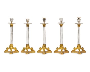 A Set of Five French Restauration Rock Crystal and Gilt-Bronze Candlesticks