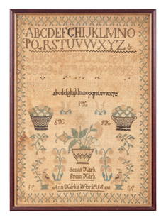 A Needlework Sampler: A Needlework Sampler Worked by Ann Kirk, Richland Township, Bucks County, Pennsylvania, Dated "1830" worked with silk threads on a linen ground, inscribed, "Jonas Kirk/ Susan Kirk/ Ann Kirk's Work US