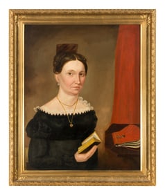 American School 19th Century, A Portrait of a Lady with Book and Handbag