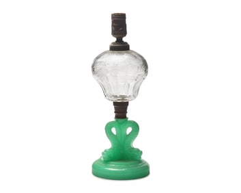 A Pressed Jade Green and Etched Clear Glass Kerosene Lamp