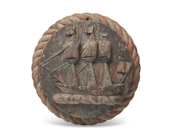 A Round Carved and Painted Wood Plaque of Three Ships