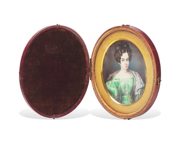 Spanish School 19th Century, A Portrait Miniature of A Young Lady in Green Checked Dress