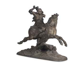 A Patinated White Metal Figure of a Native American Hunter on Horseback