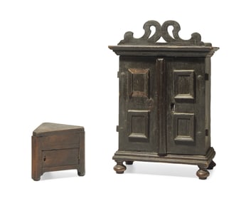 Two Valuables Chests: A Miniature Painted Cupboard and a Walnut Box