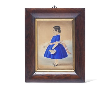 English School 19th Century, A Portrait Miniature of a Young Girl in Blue Dress Identified as