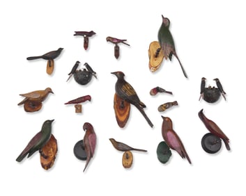 A Group of Sixteen Carved and Painted Wood Birds or Bird Groups