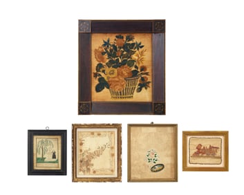 A Group of Five Assorted Hand-Painted or Worked Pictures