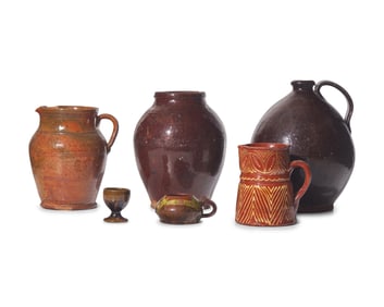 An Assorted Group of Six Glazed Redware Tablewares
