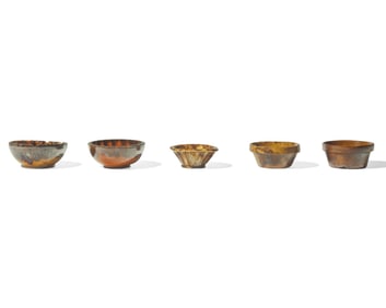 Three Glazed and Manganese Splashed Miniature Turk's Hat Redware Pudding Molds
