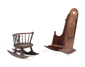 A Child’s Windsor Rocking Chair and a Child's Rocking Walnut Commode Chair