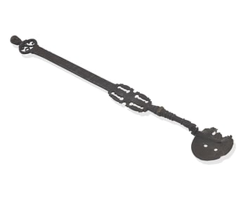 A Copper-Inlaid Wrought Iron Slotted Spoon with Human Head-Form Terminals