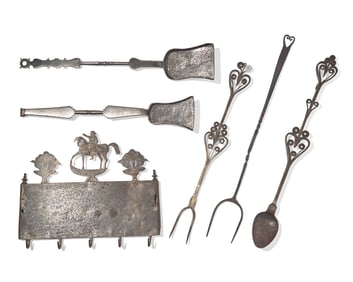 An Assorted Group of Six Wrought Iron Kitchen and Fireplace Accessories
