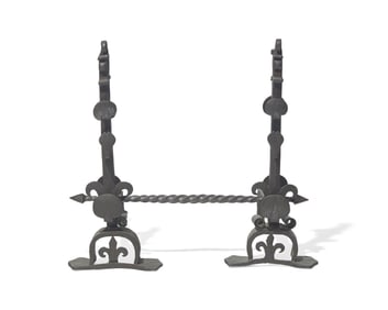 A Pair of Wrought Iron Andirons with Crossbar