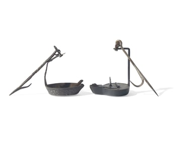Two Wrought Iron Fat Lamps