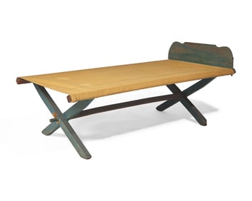 A Folding Painted Poplar and Oak Camp Bed or Cot